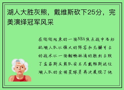 湖人大胜灰熊，戴维斯砍下25分，完美演绎冠军风采