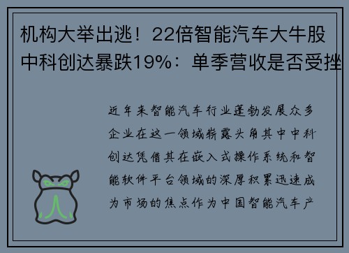 机构大举出逃！22倍智能汽车大牛股中科创达暴跌19%：单季营收是否受挫？