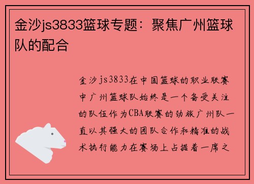 金沙js3833篮球专题：聚焦广州篮球队的配合